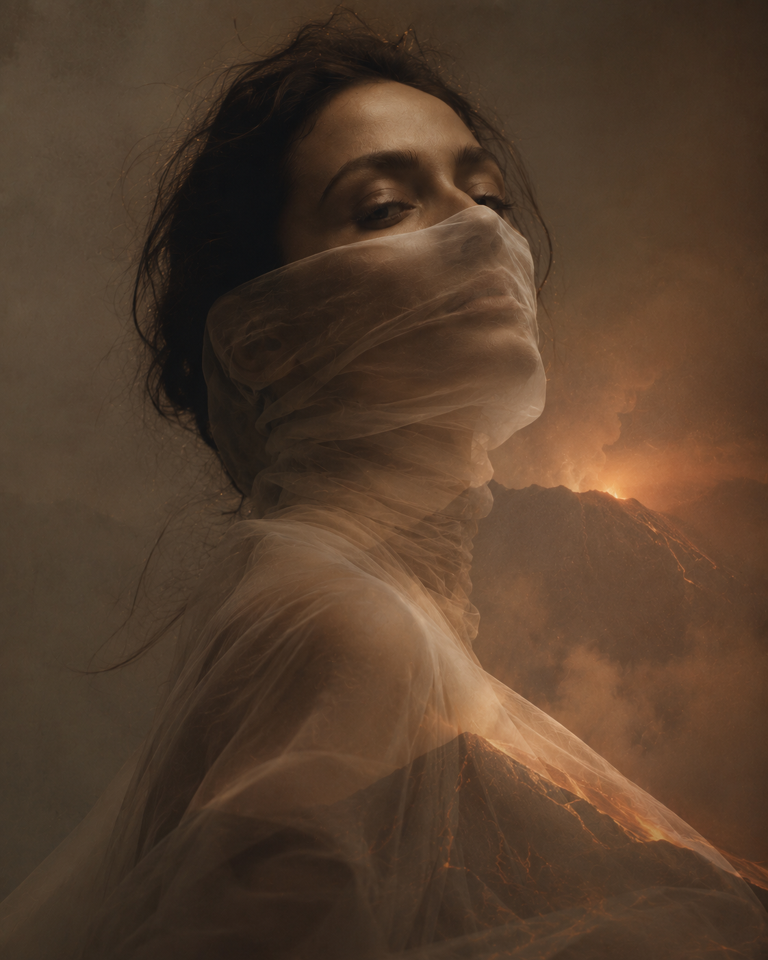 A masked figure against a volcanic landscape